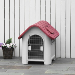 Hundehütte Outdoor, Hundehaus Mit Dachluke Tor Unterschlupf, Wasserdichte Hundehöhle Mit Luftzirkulation Hütte Für Kleine Hunde, Draußen Rot+Hellgrau 59 X 75 X 66 Cm