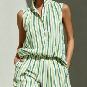 Sleeveless Stand Collar Striped Vest And Casual Shorts Two-Piece Set