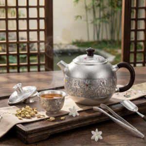 Pure 999 Fine Silver Handcrafted Fine Silver Teapot with Intricate Floral Engravings and Rosewood Handle - Handicraft