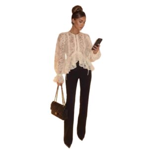 Round-neck Flared-sleeve Slim-fit Asymmetrical Blouse