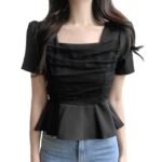 Mesh-panelled Square-neck Top With Puff Sleeves