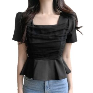 Mesh-panelled Square-neck Top With Puff Sleeves