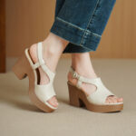 Handcrafted Full-Grain Lambskin Chunky Heel Platform Sandals, Women's Perforated Slingback Shoes
