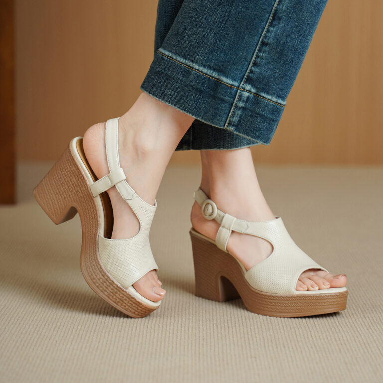 Handcrafted Full-Grain Lambskin Chunky Heel Platform Sandals, Women’s Perforated Slingback Shoes