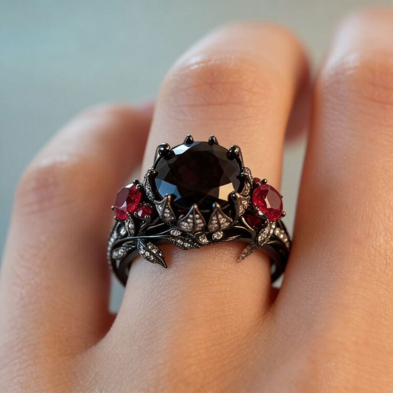 Ruby-red Vintage Floral And Leaf Ring Dark-themed Style