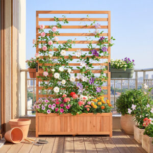 Wooden Raised Garden Bed 59 Inch Tall Elevated Planter Box With Vertical Trellis For Cultivating Vegetables, Flowers, Herbs, Etc