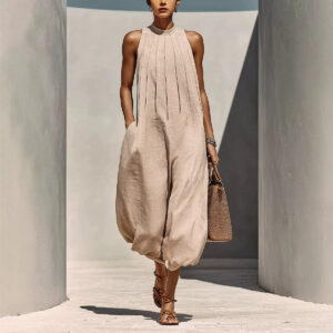 Linen-blend Sleeveless Crew-neck Relaxed-fit Chic Jumpsuit For Vacation-style