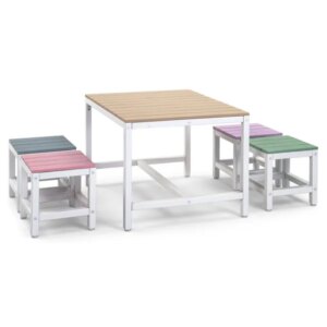 5-piece Children's Patio Table And Chair Set - 1 Table & 4 Stools, 29.5 Inches, Khaki, Pink, Purple, Blue, And Green Color Blocking, Made Of Poplar Wood
