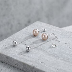 925 Sterling Silver Elegant Pearl Drop Earrings with Chain and Stud Design