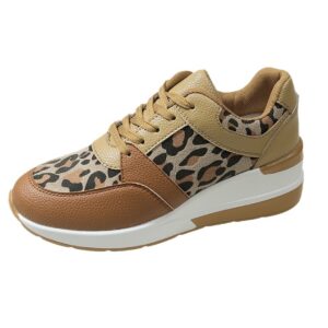 New Womens Leopard-Print Lace-Up Wedge Sneakers With Chunky Sole