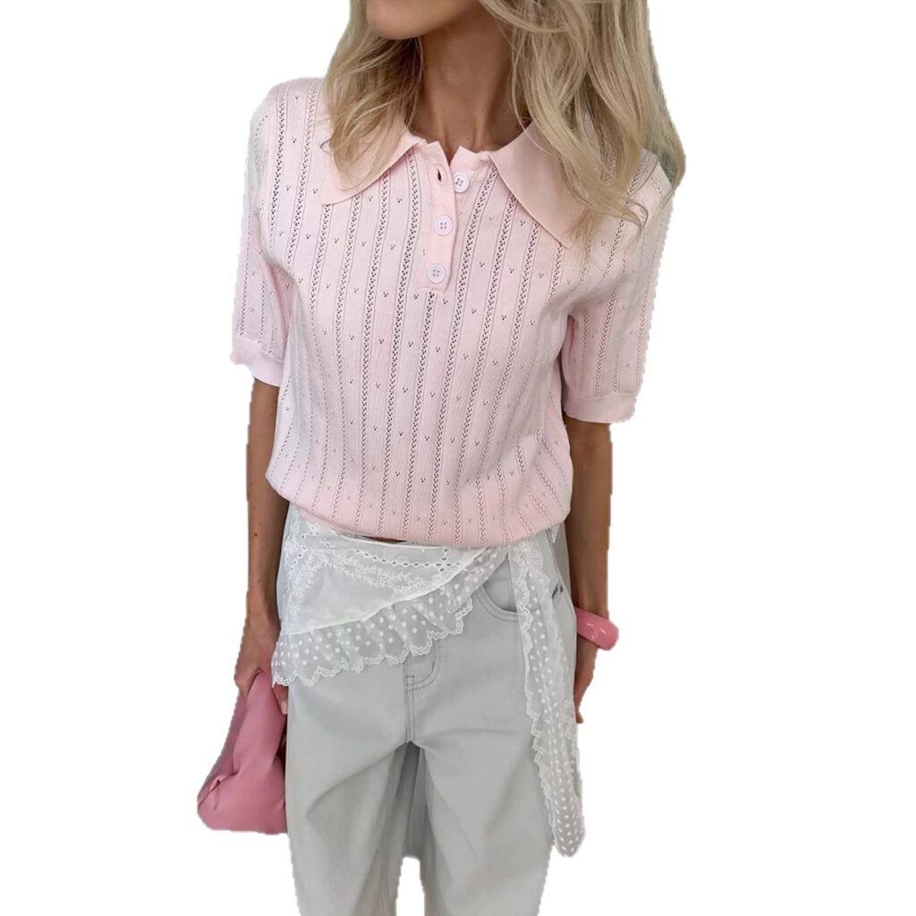 Womens Casual Polo Knit Short-sleeve Top