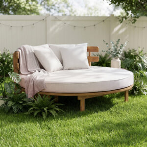 TOPMAX Outdoor Acacia Wood Round Daybed, Patio Lounger With Curved Slatted Backrest, Cushion And 4 Pillows For Backyard, Poolside, Beige