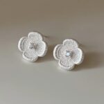 1 Pair 999 Sterling Silver Textured Diamond Flower Stud Earrings, Delicate Minimalist Style, Perfect For Daily Wear & Valentine's Gifts