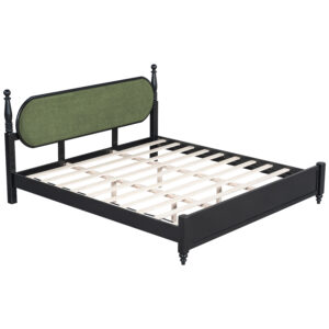King Bed Frame, Solid Wood Platform With Slats, Modern Green & Black Bedroom Furniture, No Box Spring Needed