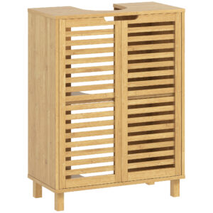 Waschbecken-Unterschrank Für Badezimmer, Badschrank Mit Lamellentüren, Bambusholz, Verstellbare Regale, Natur