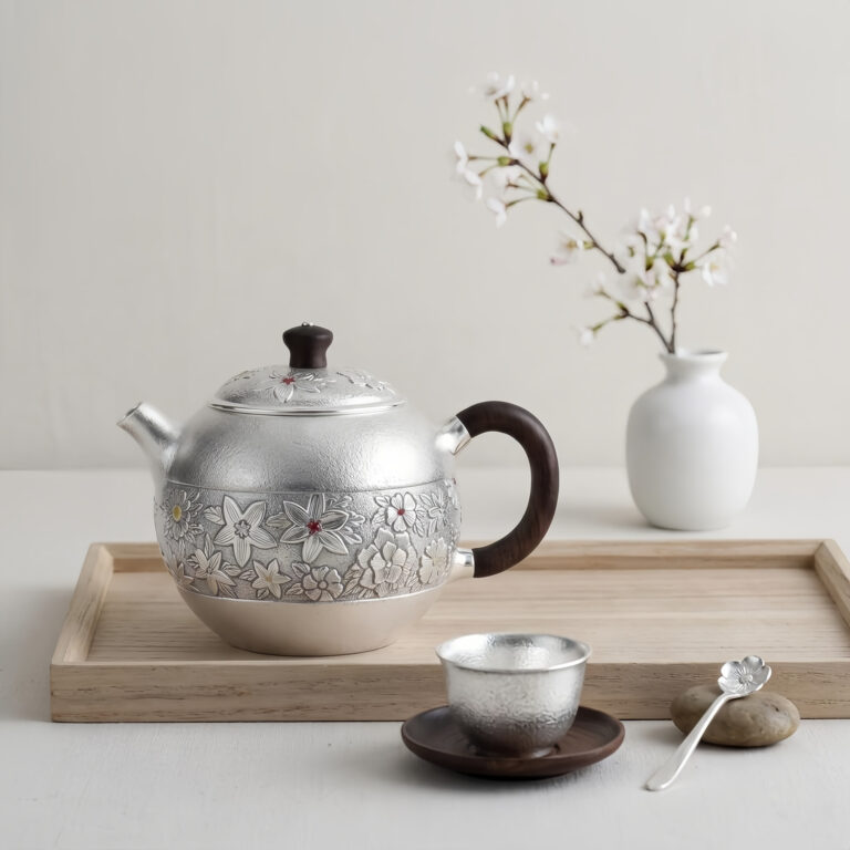 Pure 999 Fine Silver Handcrafted Fine Silver Teapot with Intricate Floral Engravings and Rosewood Handle – Handicraft