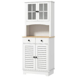 Küchenschrank Mit Glastüren, 2 Schubladen, Geschirrschrank, Esszimmerschrank, Holz, 68 X 39,5 X 170 Cm, Weiß