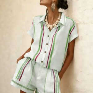 Womens Short-sleeve Shirt And Shorts Striped Set