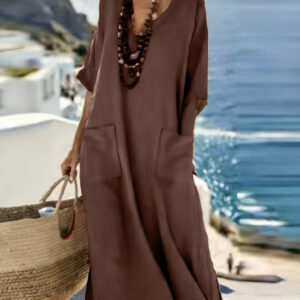Loose-fitting V-neck Short-sleeve Swing Dress