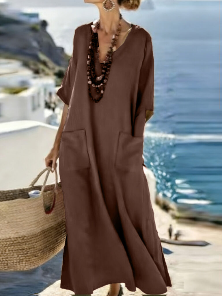 Loose-fitting V-neck Short-sleeve Swing Dress