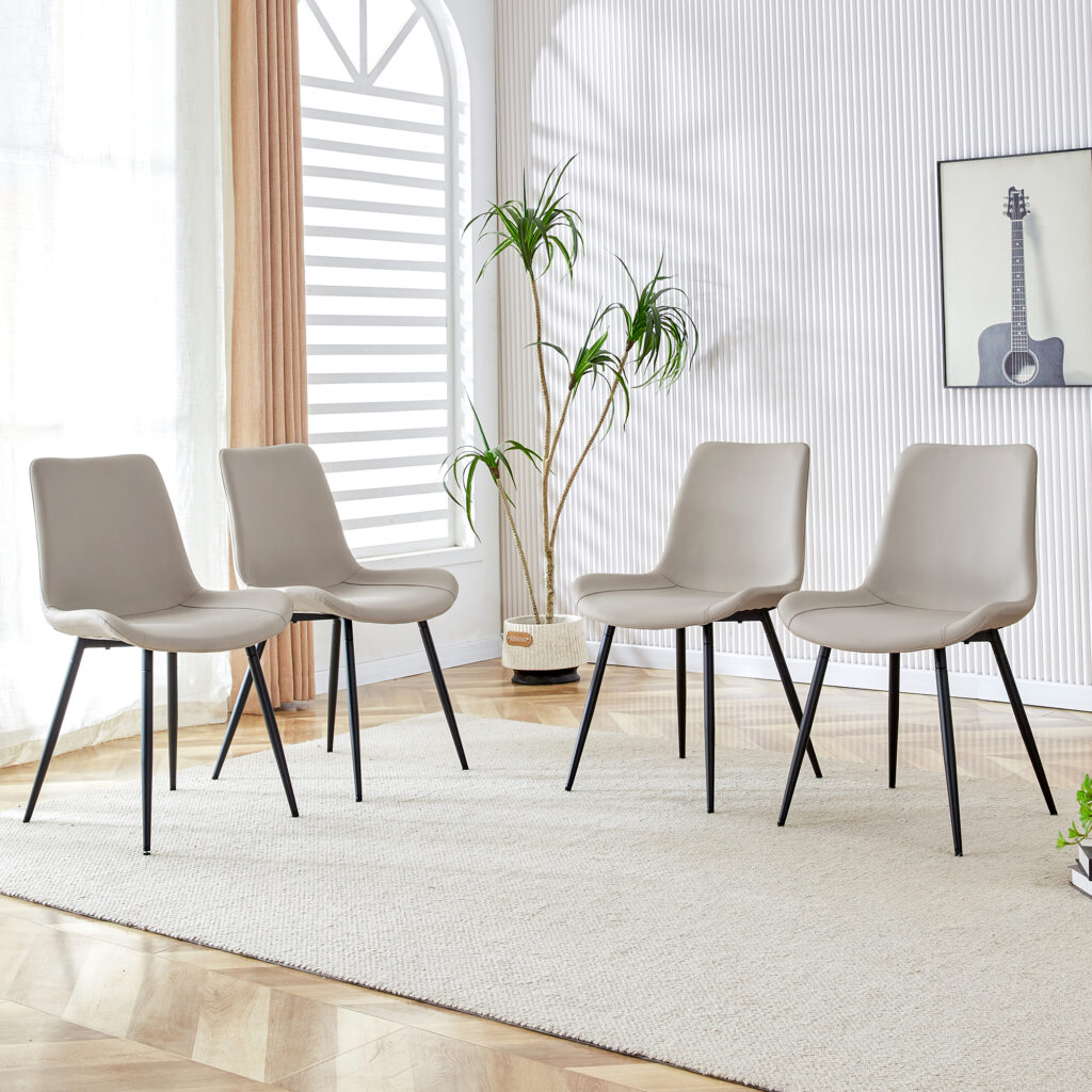 Light Gray Artificial Leather Backrest Cushion Dining Chair Black Metal Legs Curved Widened Cushion Design For More Comfort Suitable For Restaurants Kitchens Bedrooms Offices 4 Chairs