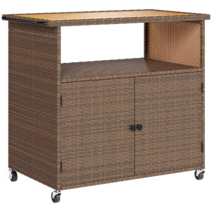 Servierwagen Rattan Küchenwagen Mit FSC Eukalyptusholz-Arbeitsplatte Ablagefach Rollen Seitengriff 95 X 54 X 84 Cm