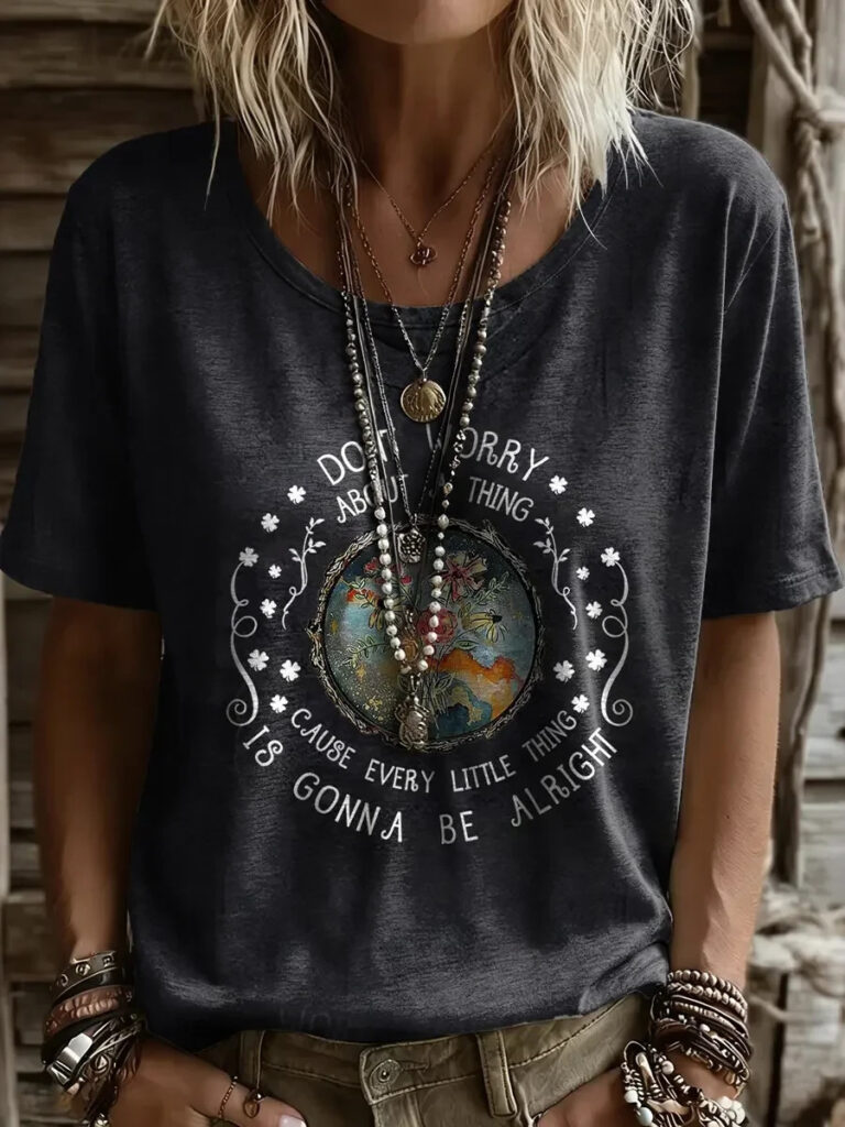 Womens Elegant And Fashionable Printed Round-neck Short-sleeve Top