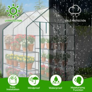 Mini Walk-in Greenhouse With PE Cover, 8-Shelf Indoor Outdoor Plant Gardening Green House For Garden Backyard, 56inch X 56inch X 77inch, White