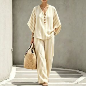 Womens Loose-Fitting Casual Striped Linen Fashionable Shirt Set