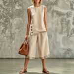 Sleeveless Side-split Tank Top Paired With Wide-leg Cropped Pants Womens Two-piece Set