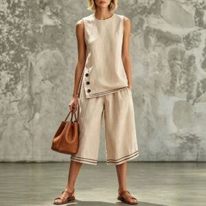 Sleeveless Side-split Tank Top Paired With Wide-leg Cropped Pants Womens Two-piece Set