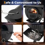 Portable Foldable Wood Burning Tent Stove With 5 Sections Chimney, Heavy Duty Carbon Steel Camping Stove With View Window & Cooking Racks For Outdoor Hunting Camping
