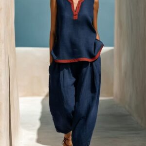 Summer Contrast-Colored Wide-Leg Pants Suit Womens Cotton-Linen Fashionable Two-Piece Set