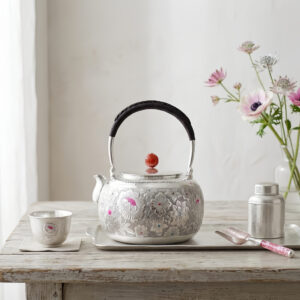 925 Sterling Silver Elegant Handcrafted Floral Embossed Metal Teapot with Ornate Black Handle and Red Accent - Handicraft