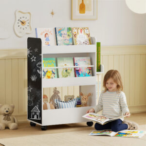 Kinder Bücherregal Mit 4 Regalen, Bodenfach, 2 Seitenteile, Tafel, Rollen, Für 3–8 Jahre, 66,5×32,5×86,5 Cm Weiß