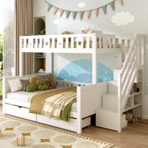 Bunk Bed With Two Storage Drawers And Side Hidden Storage Compartments, Solid Wood Loft Bed Frame With Space-Saving Design, Safety Guardrails & Staircase, Star And Moon Motifs, White No Mattress