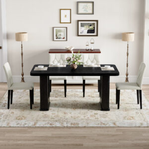 Table And Chair Set.64.5 X 35.4 Inch Stylish Black Wood Color Textured Dining Table.4-pack White PU Dining Chairs Ergonomic Buckle Backrest.Exudes A Strong Sense Of Fashion.