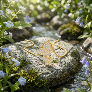 925 Sterling Silver Elegant Double Butterfly CZ Necklace in Gold-Plated Sterling