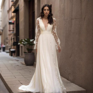 Evening Gown Deep V-neck Long-sleeved Wedding Dress Long Skirt