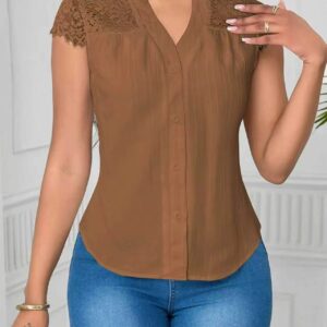 Single-breasted Slim-fit Embroidered Hollow-out Short-sleeve Blouse
