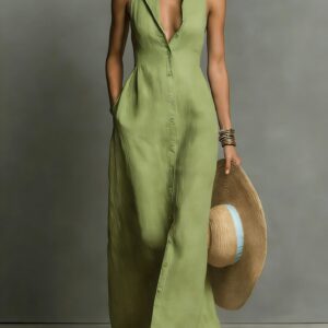 New European & American Style Button-Detail Sleeveless Shirt Collar Dress