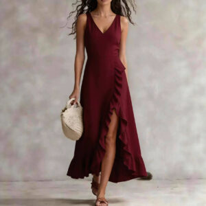 Womens V-neck Sleeveless Flounced Hem Split Dress