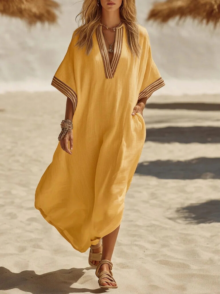 Loose-fitting V-neck Casual Dress For Beach Vacations