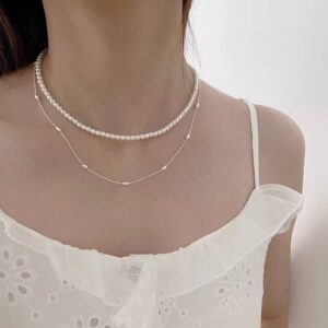 1pc 999 Sterling Silver Double-Layer Natural Pearl Thin Chain Necklace, Minimalist Elegant Style, Perfect For Daily Wear & Valentine's Gifts
