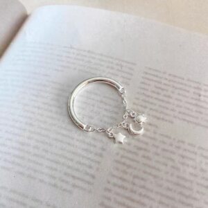 1 Piece 999 Sterling Silver Sun Moon Star Charm Open Ring, Delicate Dangling Style, For Daily Wear & Valentine's Gifts
