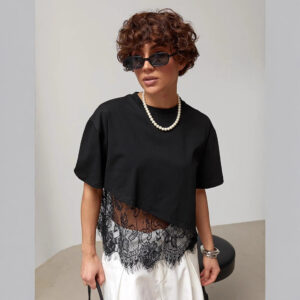 Niche Style Mesh Lace Patchwork T-shirt Short Sleeves
