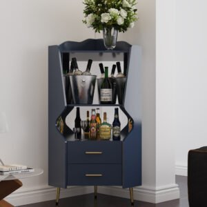 Wooden Corner Bar Cabinet With 2 Open Storage Shelves And 2 Drawers, Mirrored Back Sideboard Cabinet, High Feet Legs For Easy Cleaning, Buffet Cabinet BLUE