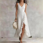 Womens V-neck Sleeveless Flounced Hem Split Dress