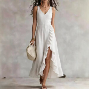 Womens V-neck Sleeveless Flounced Hem Split Dress