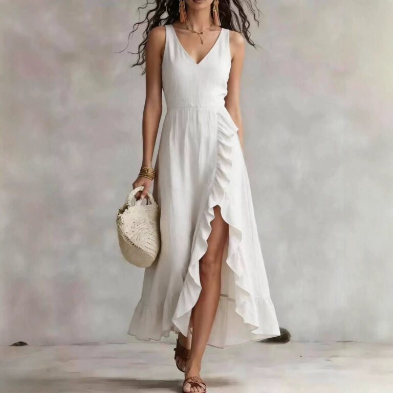 Womens V-neck Sleeveless Flounced Hem Split Dress